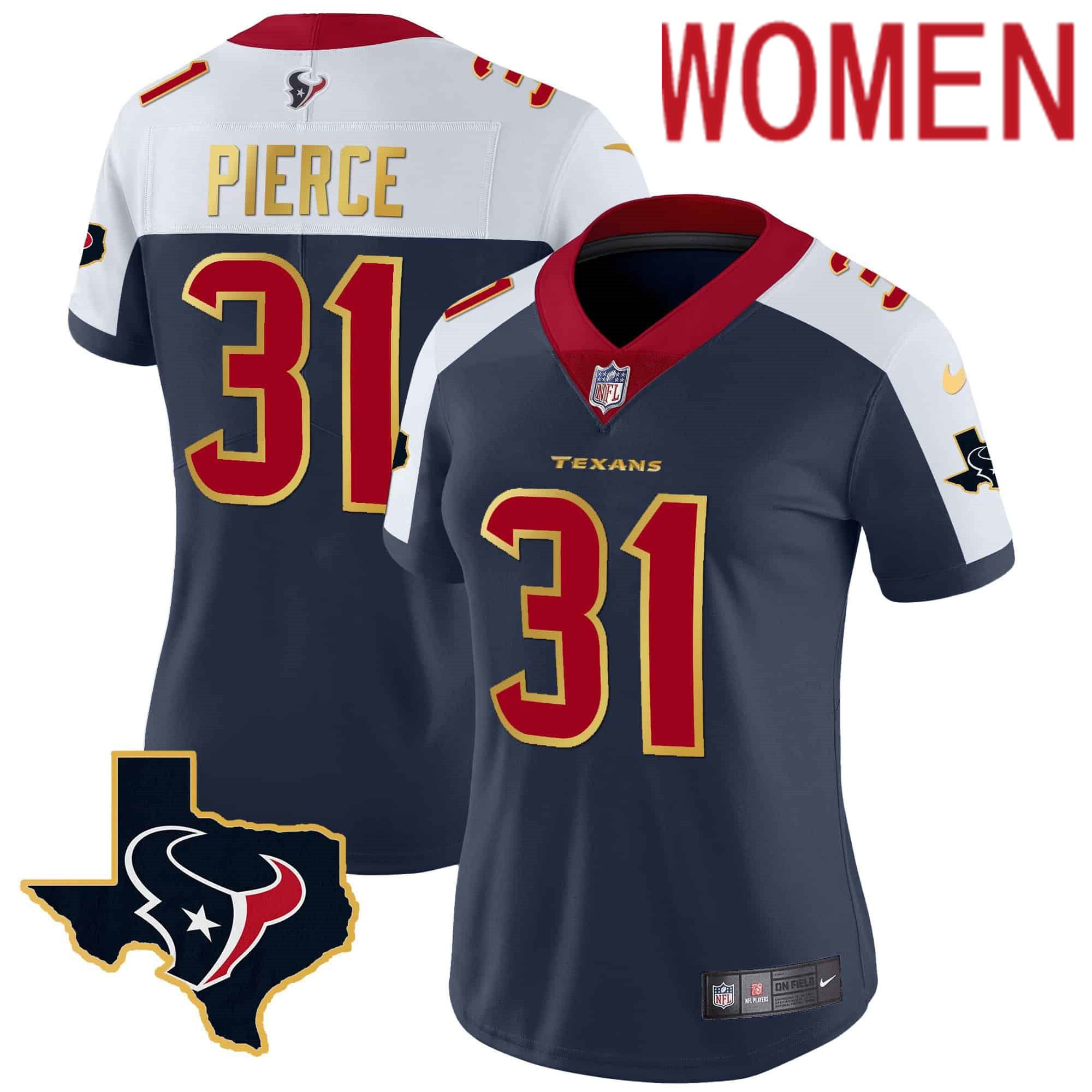 Women Houston Texans 31 Pierce Dark blue Gold 2024 Nike Trim Vapor NFL Jersey